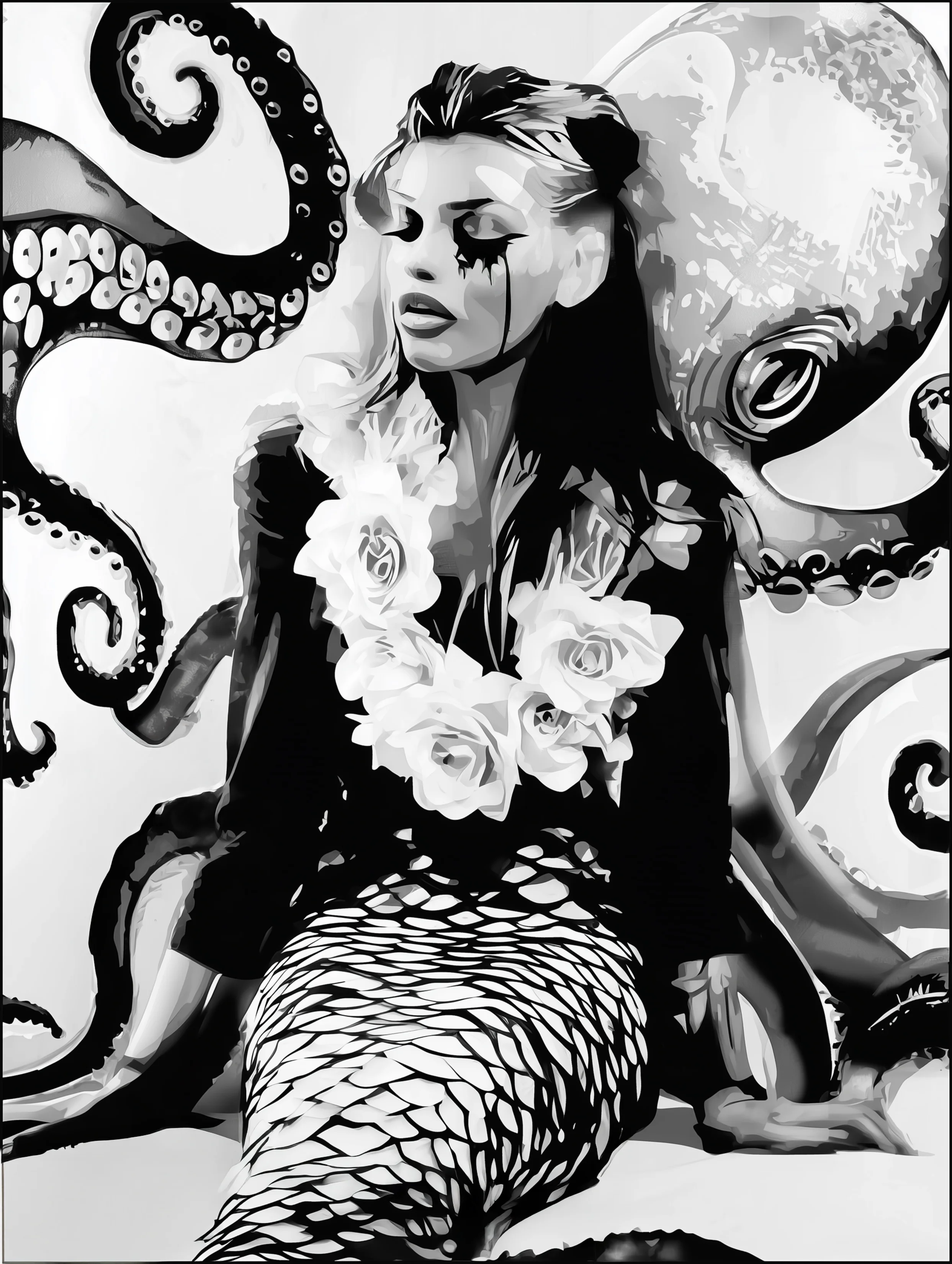 Free printable mermaid coloring page for adults featuring tentacles and posing mermaid